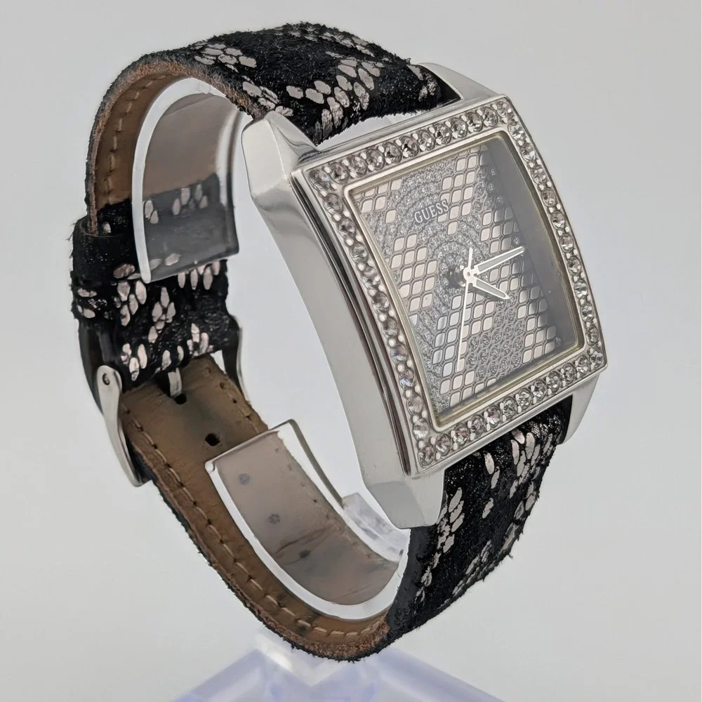 Guess W0050L1 Women's Square Crystal Bezel Snakeskin Dial Suede Strap Watch 34mm